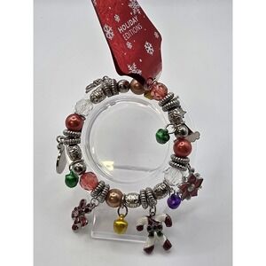 K-mart Women's Silver Tone Christmas Stretch Charm Bracelet Candy Canes Hats